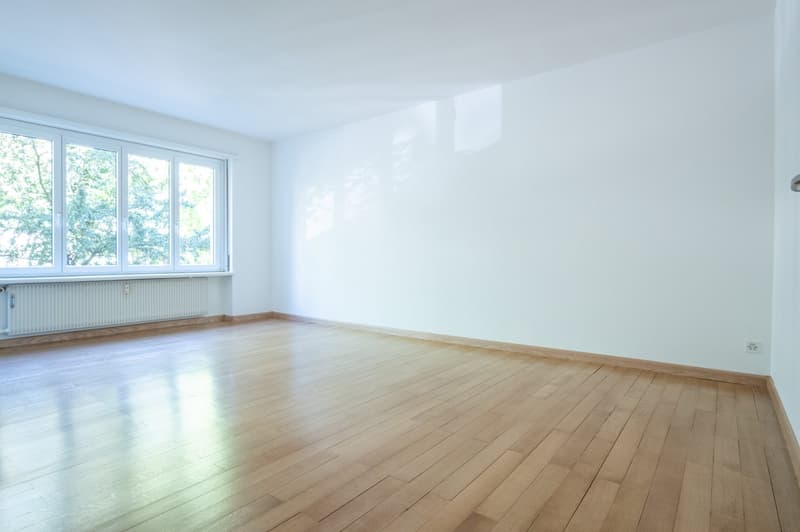 empty room, hardwood floors, white walls, large window, radiator