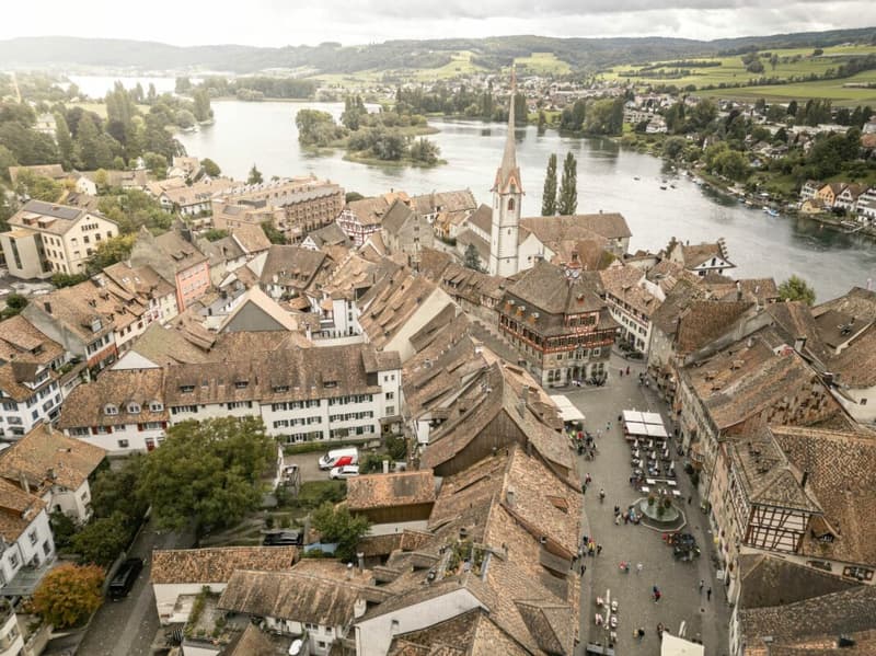 Flugbild von der Altstadt Stein am Rhein mit dem Hotel Adler