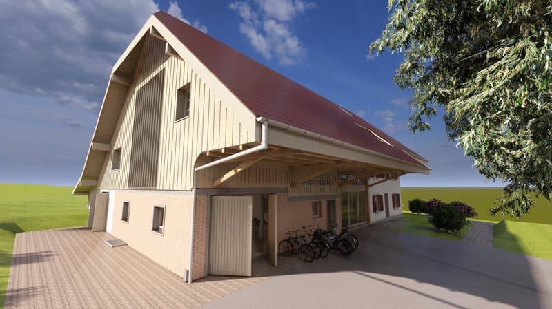 modern house, red roof, brick walls, large windows, covered parking area, bicycles parked