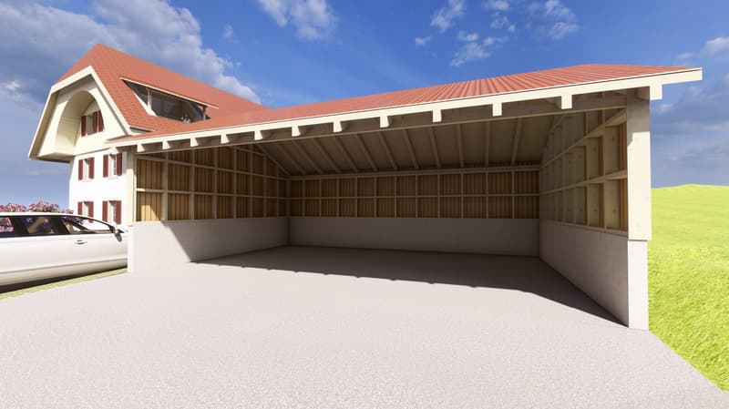 House with a garage attached, red roof, white walls, wooden interior, empty garage