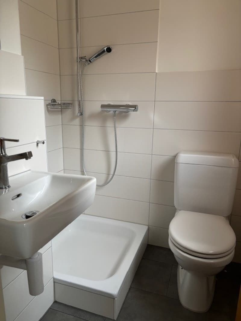 tiled wall, tiled floor, white sink, toilet, shower