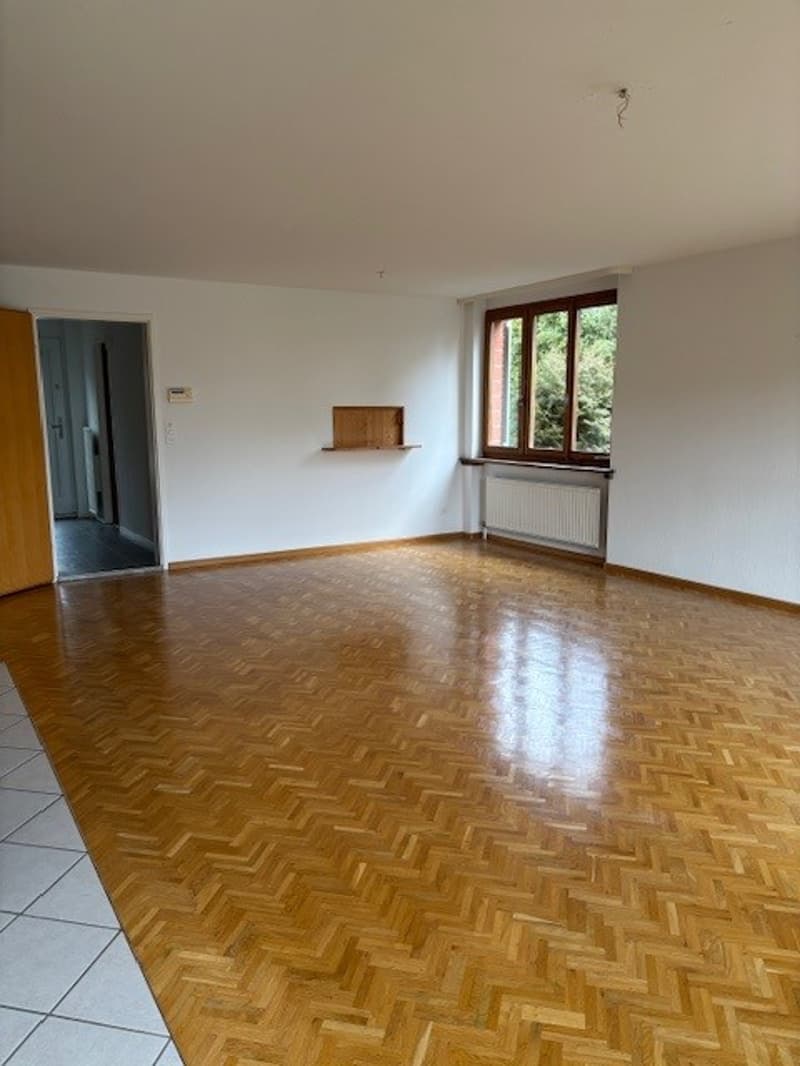 Empty room, wooden parquet floor, white walls, wooden door, white tile on left, window, shelf, radiator