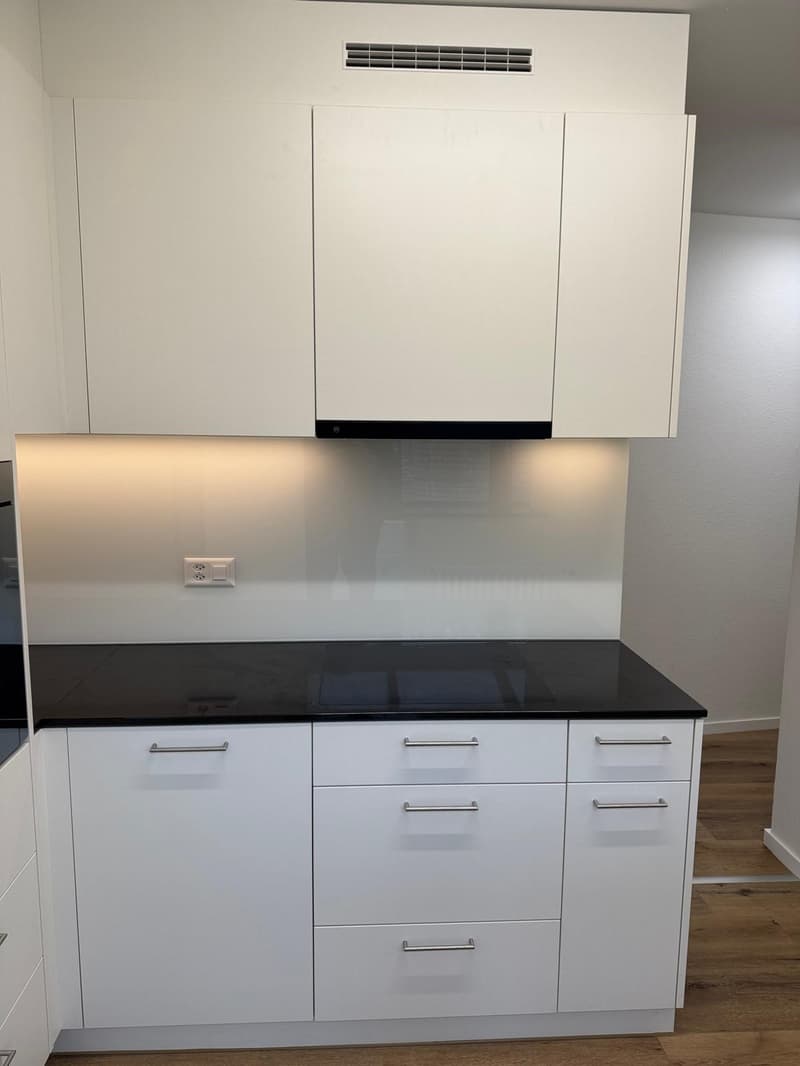 modern kitchen with white cabinets, black countertops, glass backsplash, and stainless steel handles