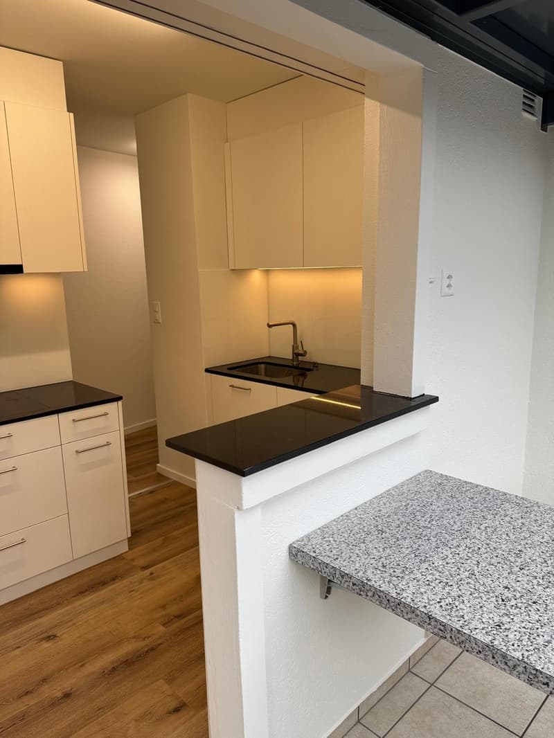 modern kitchen with white cabinets, black countertops, granite countertop, wooden floor, sink with faucet, electrical outlet