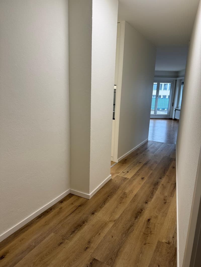 Empty hallway with wooden floors, white walls, and a glass door leading to a balcony.