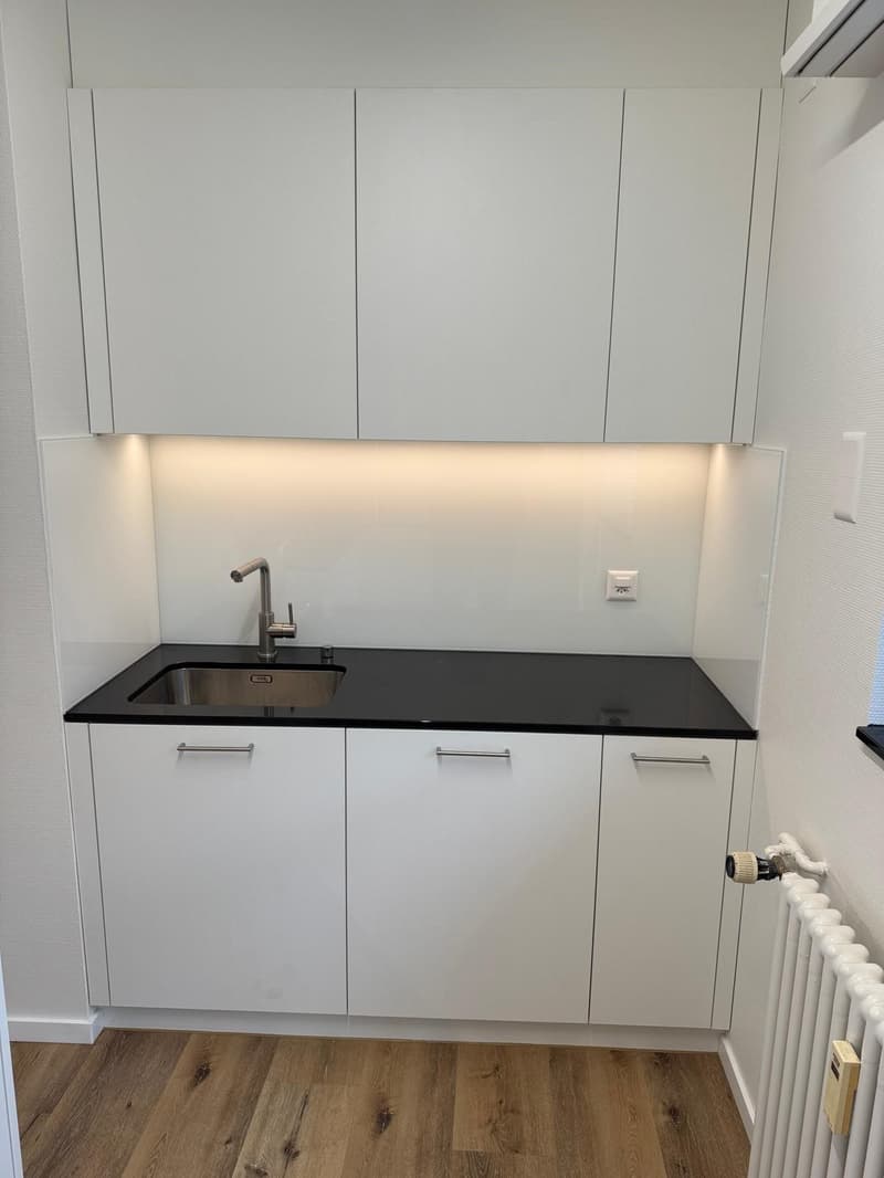 modern kitchen with white cabinets, black granite countertop, stainless steel sink, silver faucet, under-cabinet lighting, wooden floor