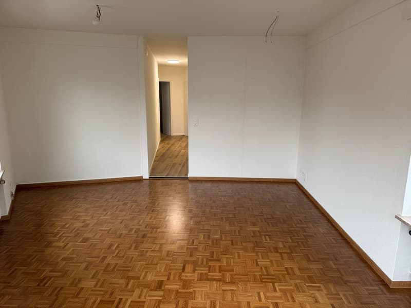 Empty room with wooden parquet flooring, white walls, and a door leading to another room.