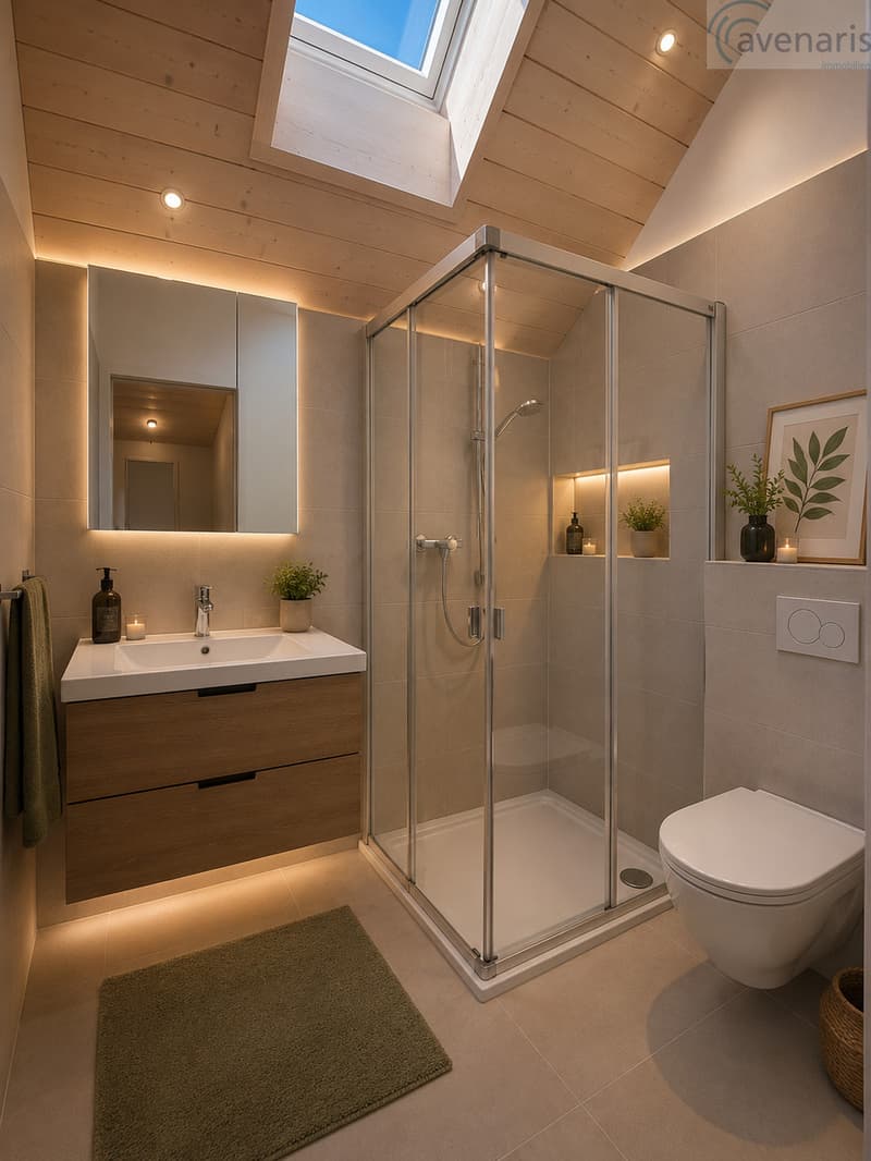 Badezimmer Dachgeschoss Visualisierung / Visualisation de la salle de bains sous les combles / Bathroom attic visualization / Visualizzazione della mansarda del bagno