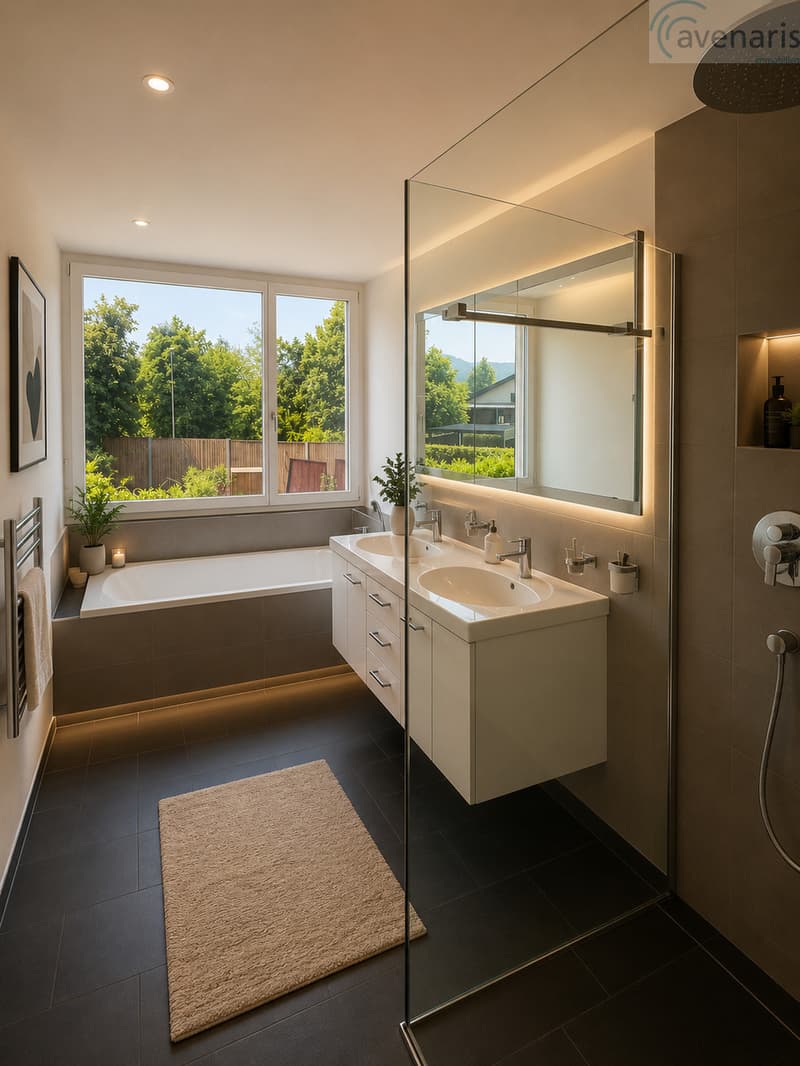 Badezimmer Obergeschoss Visualisierung / Visualisation de la salle de bains à l'étage / Bathroom upper floor visualization / Visualizzazione del piano superiore del bagno
