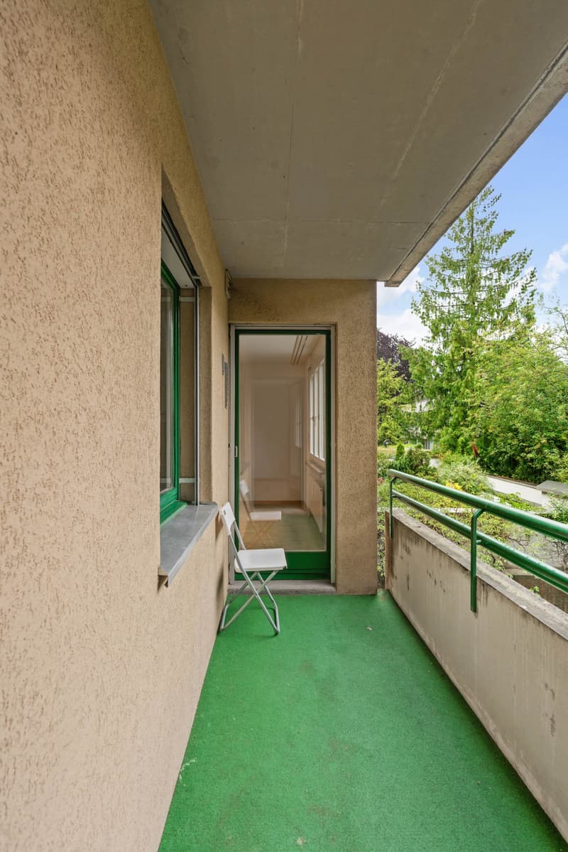 empty balcony with green carpet, folding chair, wall window, railing, entrance