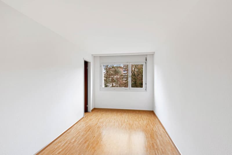 empty room, wooden floor, white walls, window, wooden door