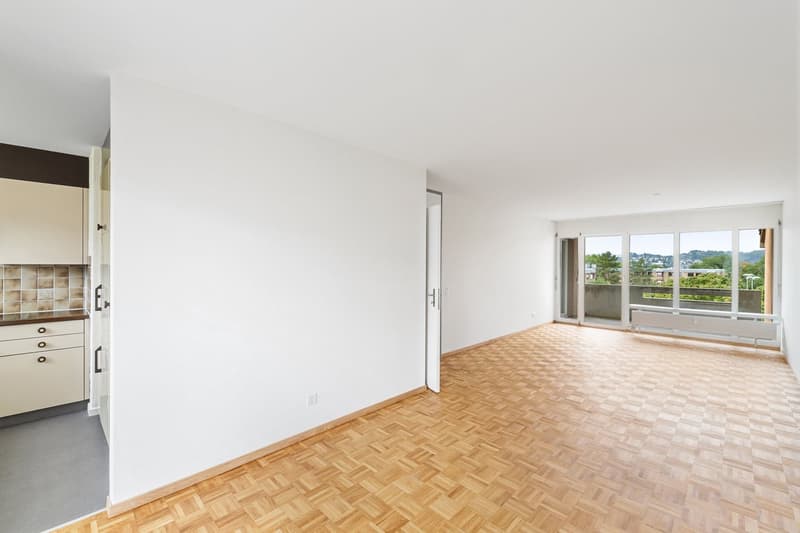empty room, white walls, parquet floor, sliding doors, balcony