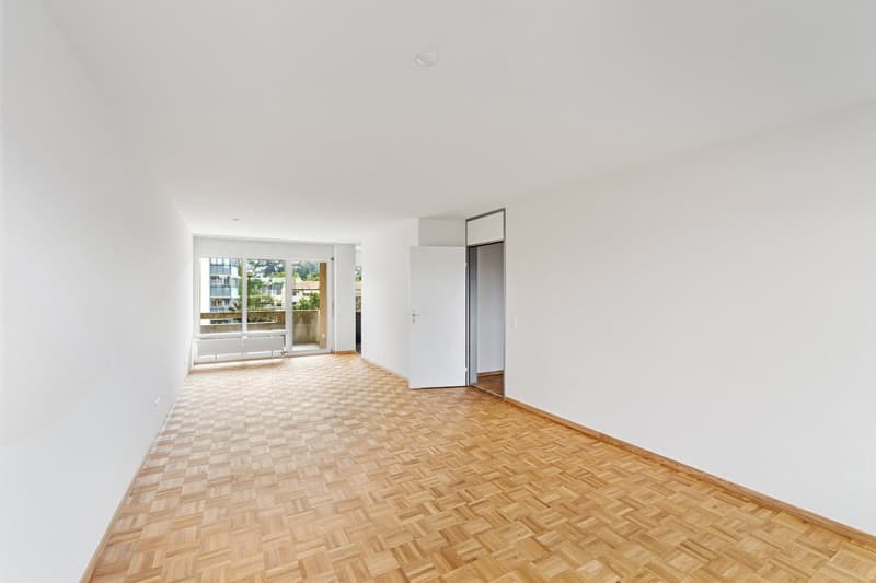Empty room with white walls and wooden parquet floor, sliding glass door and open door