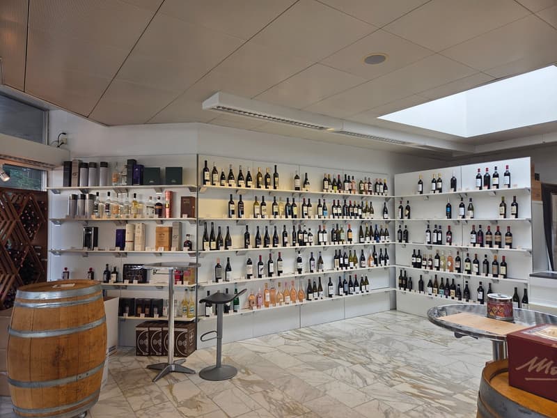 large room with wine racks, tables, barrels, tiled floor, skylight