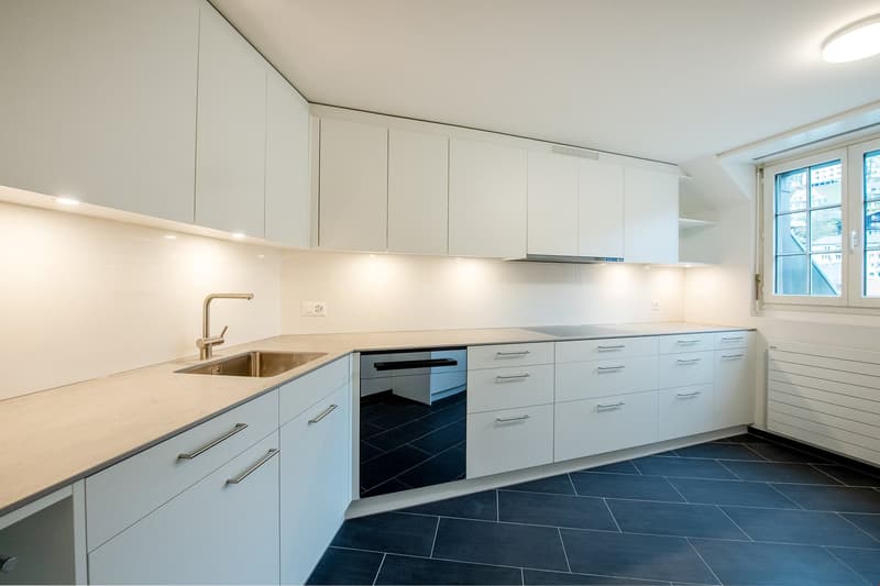 modern kitchen, white cabinets, granite countertops, stainless steel sink, dishwasher, built-in oven, under cabinet lighting