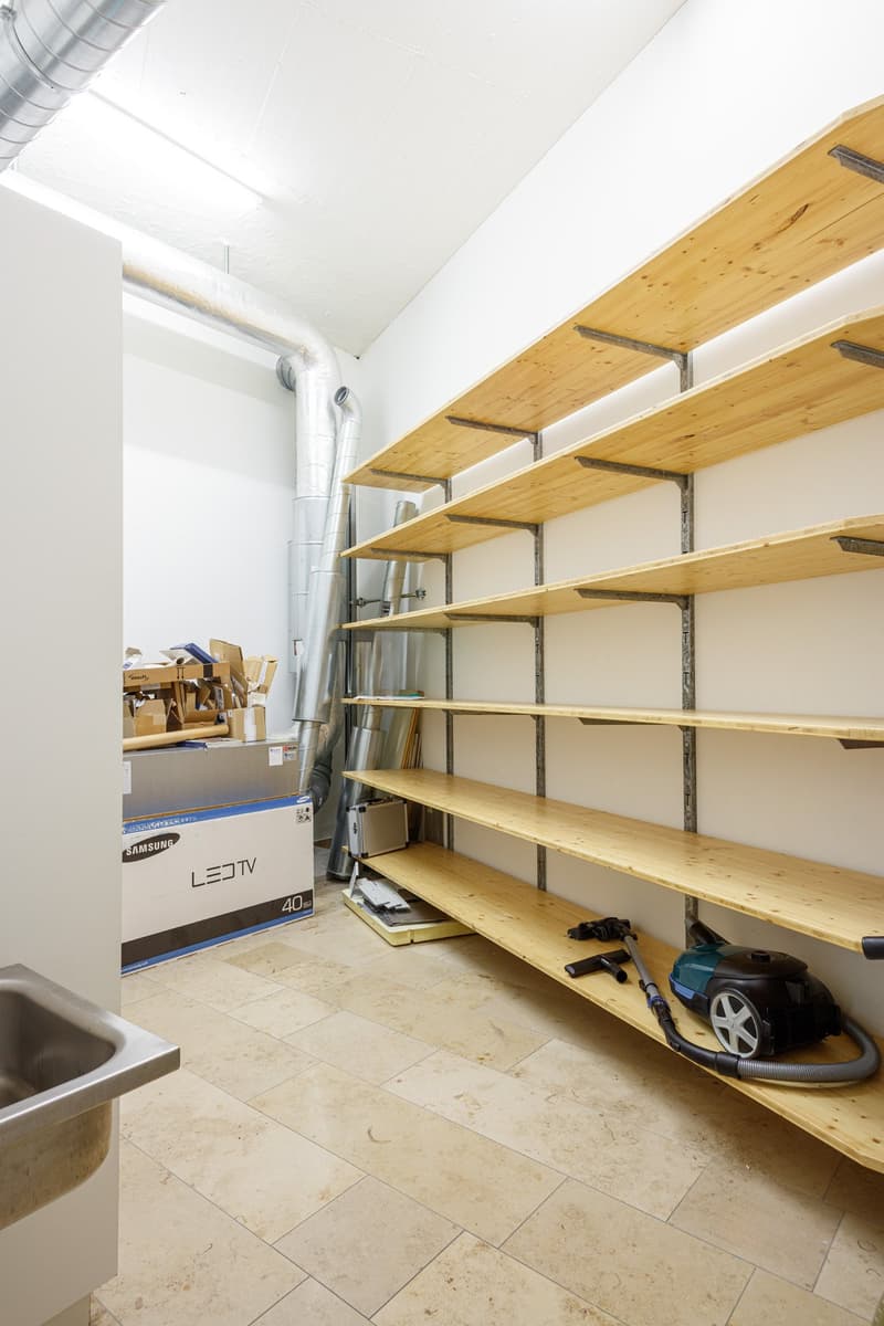 Storage room with wooden shelves, a Samsung box, a vacuum cleaner, a sink, and storage boxes.