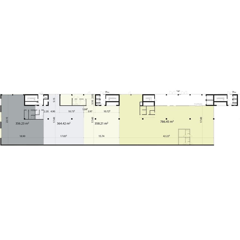 The floor plan shows two units, Unit 1 with a size of 356.23 m2 and Unit 2 with a size of 364.42 m2. Both units have similar layouts with three bedrooms and one bathroom. Unit 1 has a living room, while Unit 2 has a dining room.