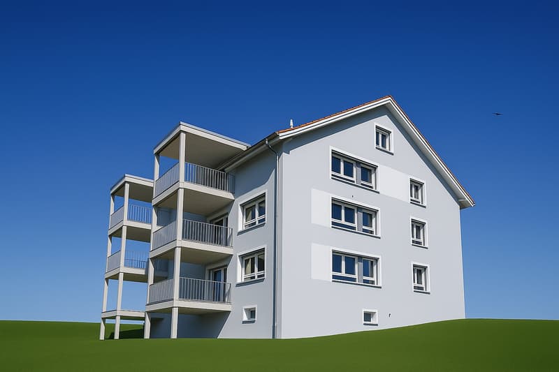 3-story apartment building with white exterior, balconies on each floor, and blue sky background