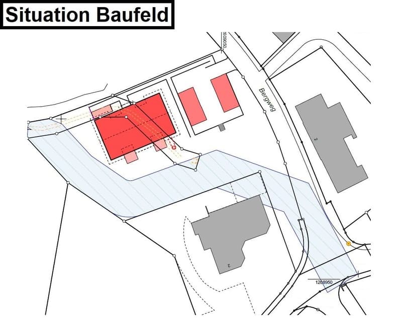 The image shows a floor plan or site plan for a location called 'Situation Baufeld'. The plan includes several rectangular buildings or structures, some of which are highlighted in red. The plan also shows roads, paths, and other features of the site.