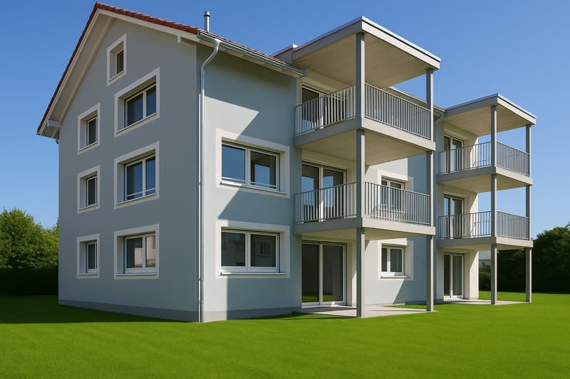 3-story apartment building with gray exterior, white trim, and balconies on each floor. The building has a covered entryway and is surrounded by a grassy lawn.