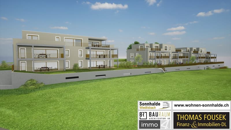 Apartment complex with multiple floors, balconies, and a wide lawn
