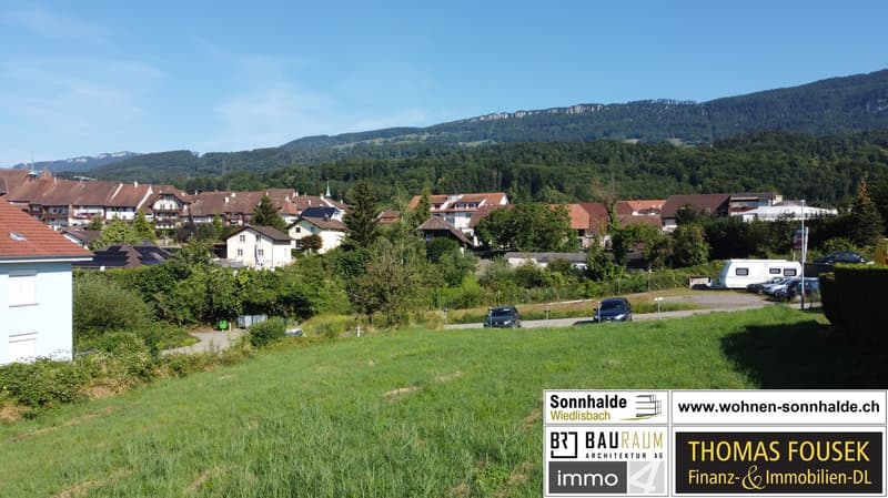 Multiple houses, green lawn, road, hills in the background