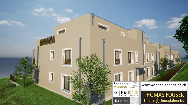 Apartment complex with multiple units, balconies on the front, modern design, tan-colored exterior, white window frames, greenery in front.