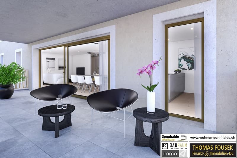 modern patio with open kitchen, dining area, balcony with white chairs and black round tables