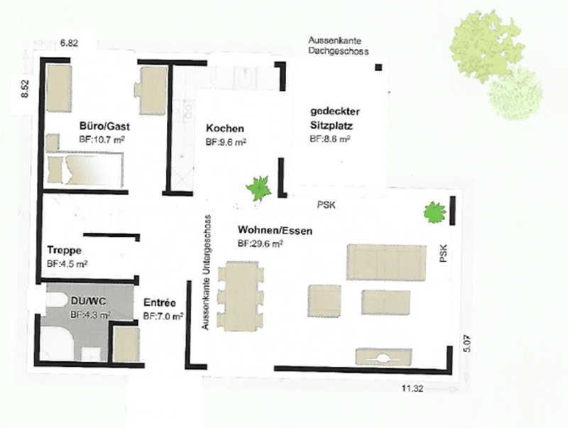 A two-floor apartment layout includes a kitchen, dining area, living room, guest room, office/guest room, balcony, and stairs to the upper floor. The lower floor also has a storage room, washroom, and entrance hallway. The upper floor features bedrooms, w