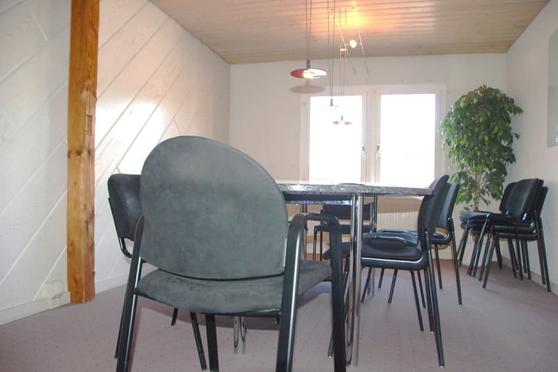 an empty dining room with chairs, a table, a plant, and white walls and ceiling.