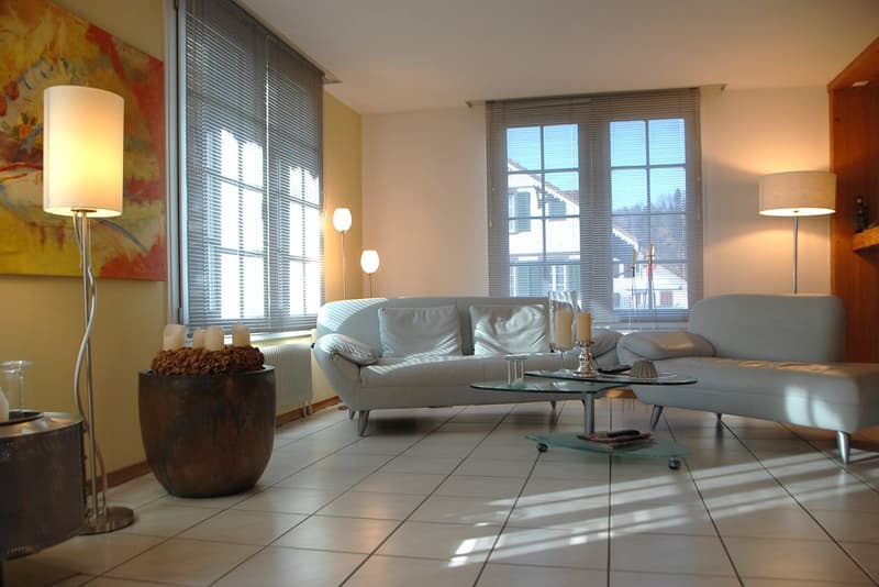 bright and open living room, two white couches, glass table, two lamps, window with large view