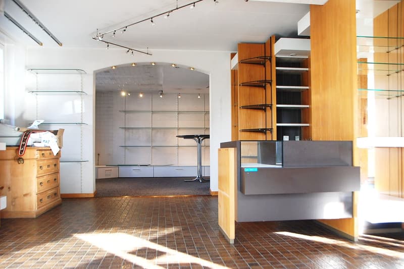 carpeted floor, wooden and glass shelves, arched doorway, desk, lamps