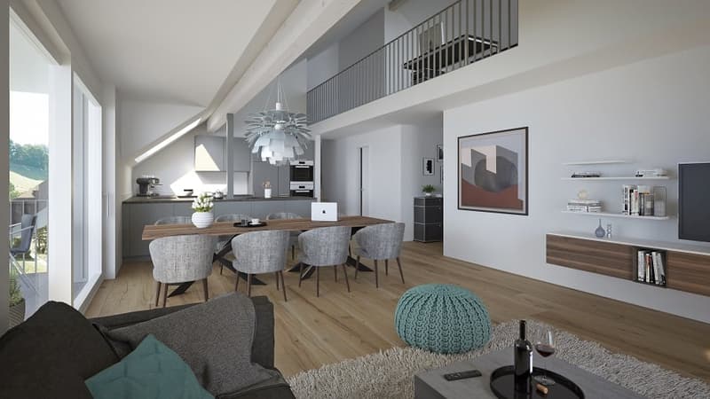 living room with dining room, balcony, kitchen, terrace, view