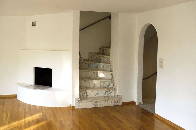 Wohnbereich mit Cheminée und Treppenaufgang / Living area with a fireplace and staircase