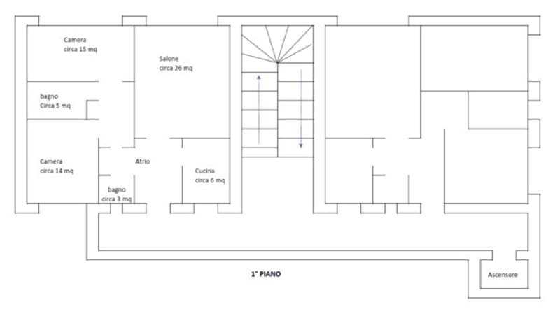 1st floor plan with living room, kitchen, 2 bedrooms, 2 bathrooms, and an attic space