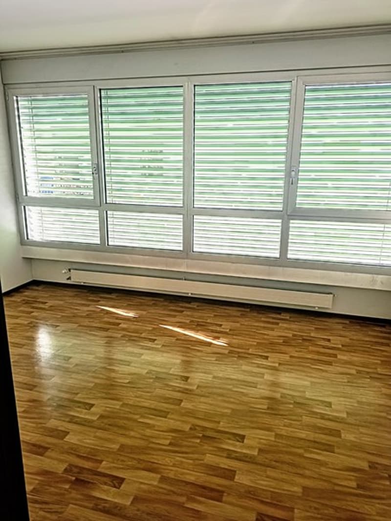Large windows with horizontal blinds, hardwood floor, empty room