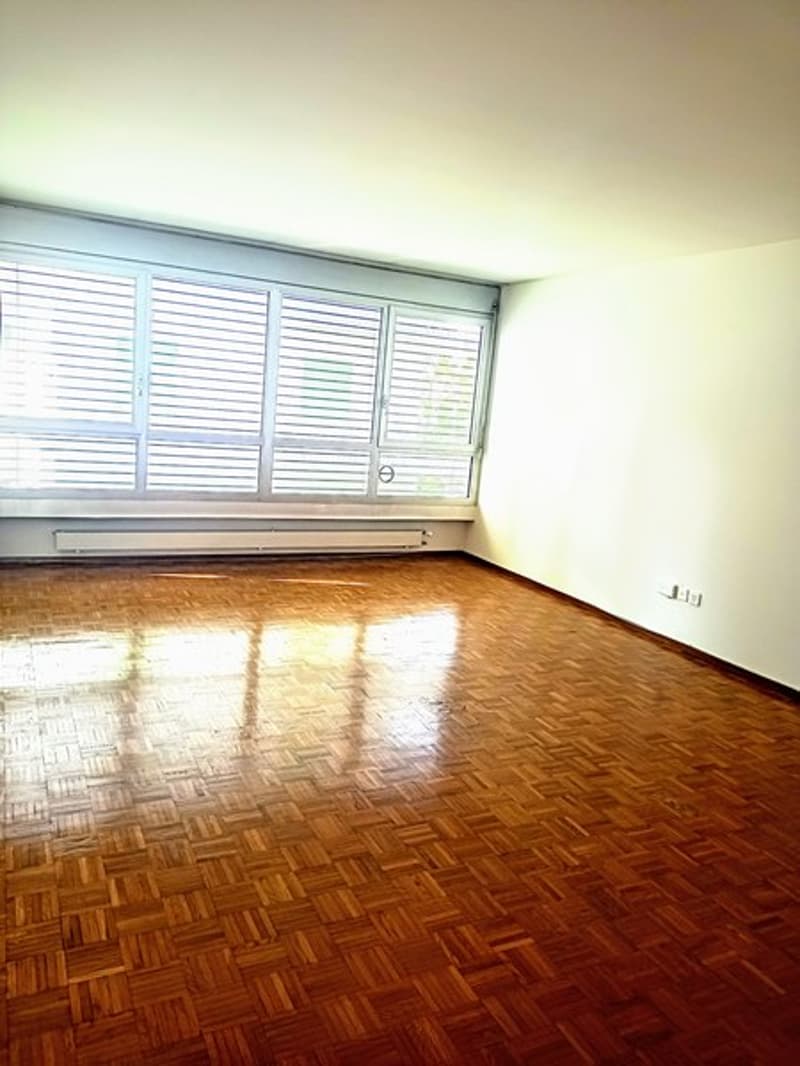 Spacious living room with hardwood parquet flooring, large windows with shutters, and a balcony or terrace visible.