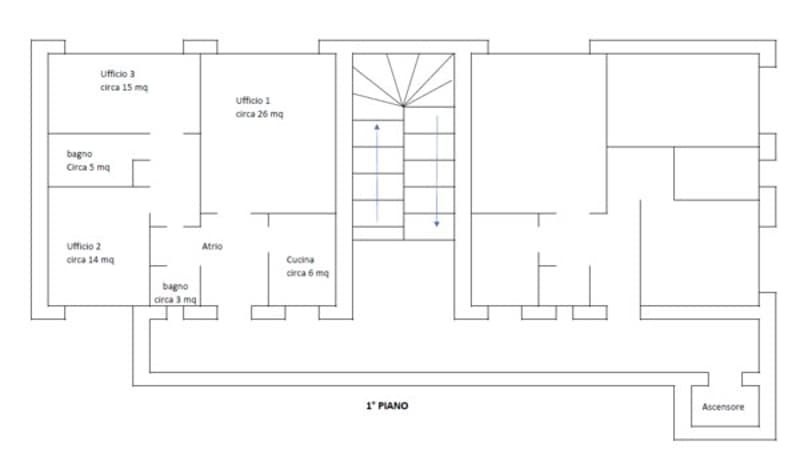 The image shows a floor plan with multiple rooms. There is a first floor with an office 3 (area 13 sqm), a bagno (area 3 sqm), an office 2 (area 14 sqm), and an atrio (area 8 sqm). There is also a staircase leading to the second floor.