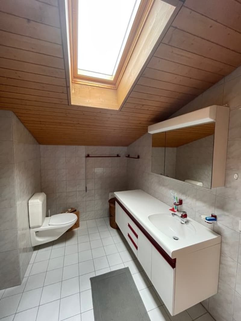 Bathroom with toilet, sink, mirror, wooden ceiling and skylight, tiled floor