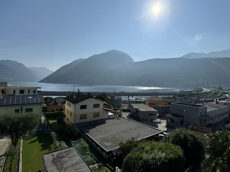Overhead view of houses and mountains, with a large body of water in the distance.