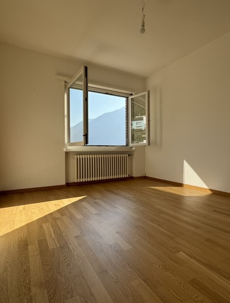 empty room with hardwood floors, white walls, large windows, heater, mountain view