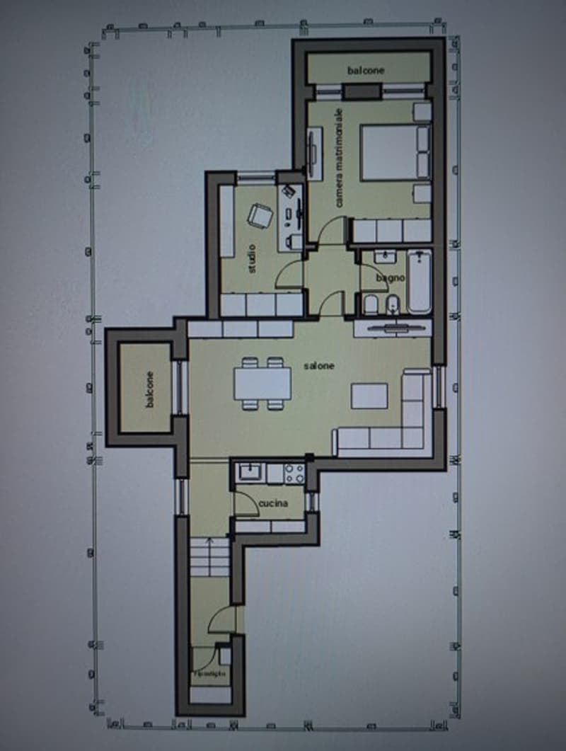 Living room, kitchen, 3 bedrooms, 2 bathrooms, balcony, studio, bathroom