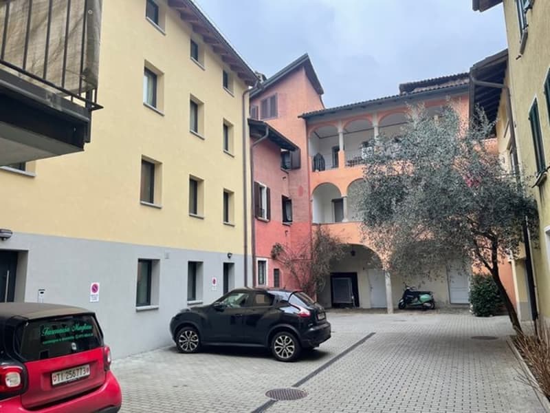 Two cars parked in front of building, buildings are painted in different colors, tree in the center