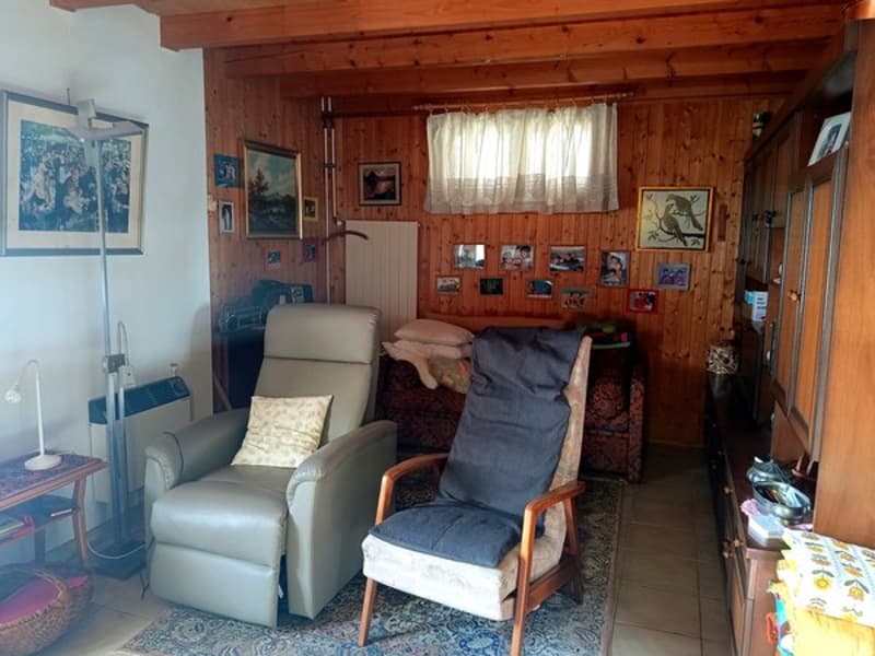 Living room: wooden walls, beige armchair, white floor, grey leather recliner, pillows, blue cushion, carpet, pictures on the wall, side table, lamp, cupboard