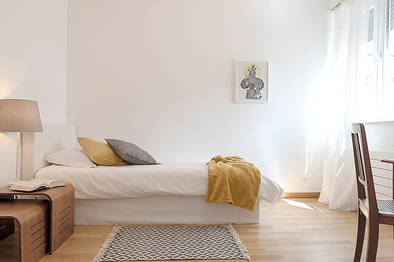 single bed, white sheets, pillows, blanket, rug, nightstand, lamp, picture frame, chair, desk, book
