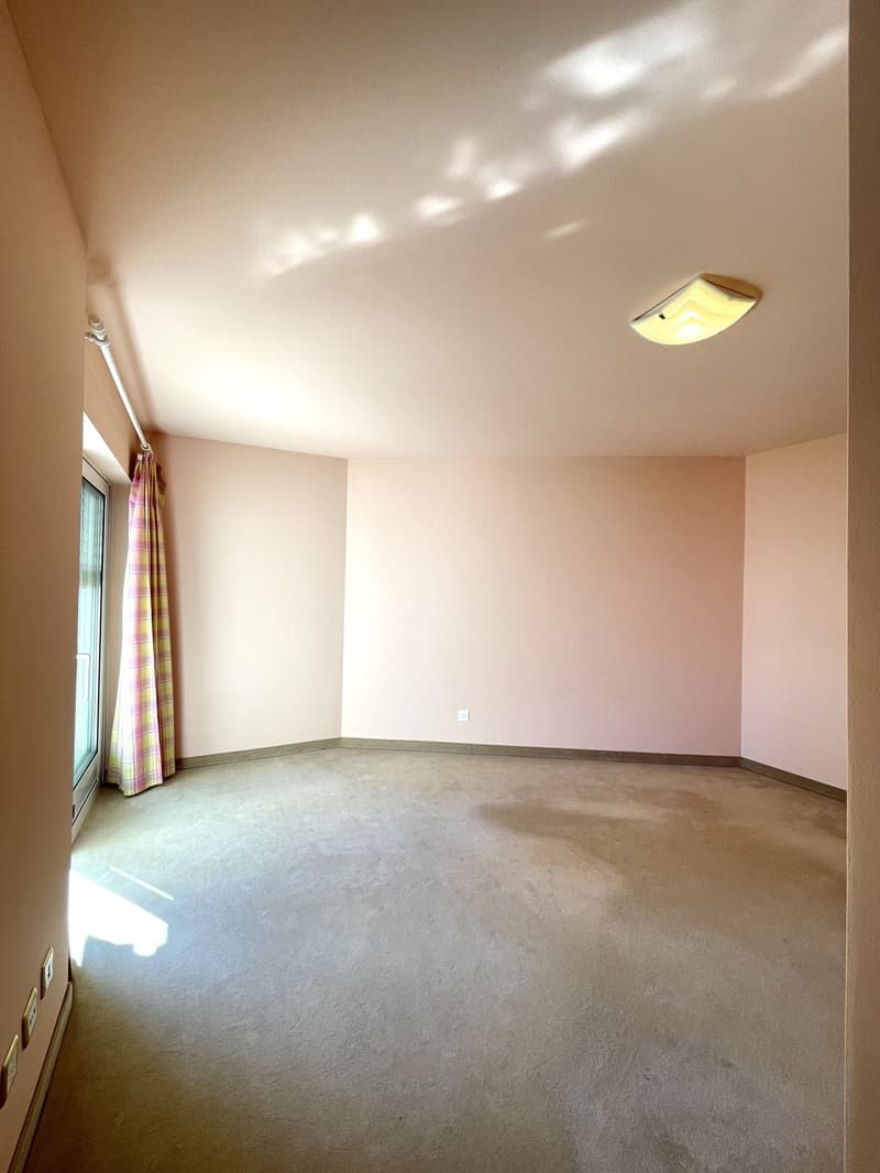 Empty room with pink walls, ceiling light, and a window with a curtain. The floor is carpeted.