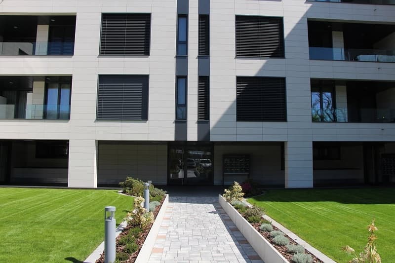 Modern white building, multiple floors, parking space, green lawn, walkway, plants