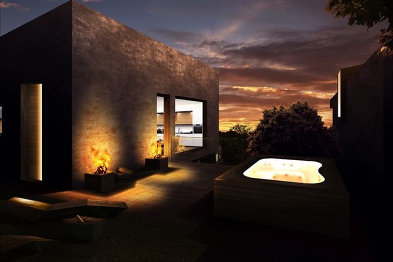 Modern building, exposed brick, outdoor pool, fireplace, terrace, night view