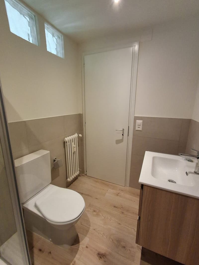 bathroom with toilet, sink, glass shower, radiator, window