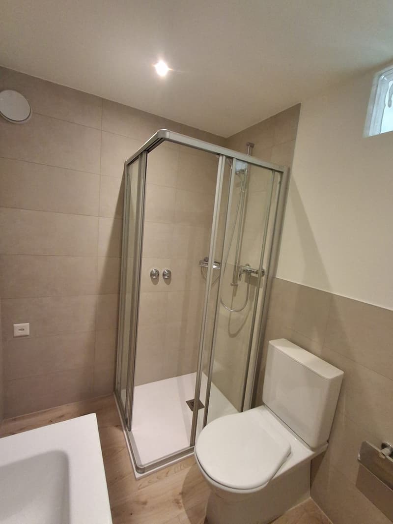 Bathroom with shower, toilet, sink, wooden floor, beige tiles
